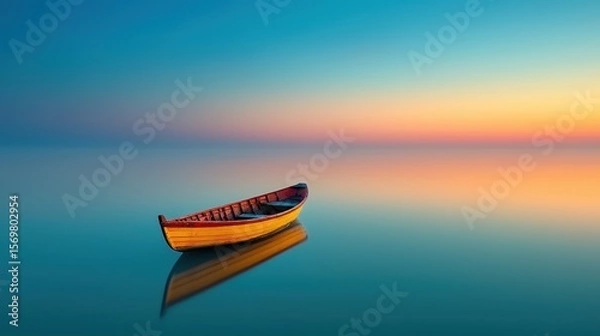 Fototapeta Serene Wooden Boat Floating on Tranquil Calm Waters at Sunset with Vibrant Sky