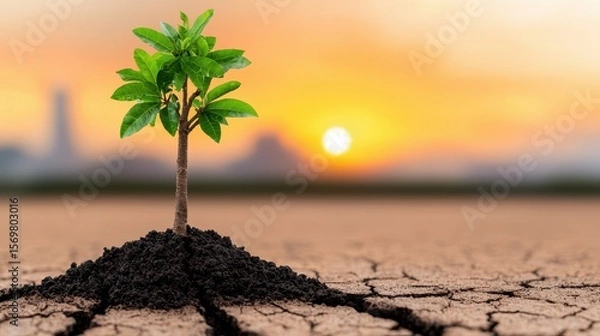 Fototapeta Young Tree Growing in Cracked Soil with Sunset Background and Hopeful Atmosphere