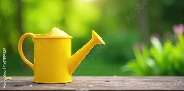 Fototapeta Bright Yellow Watering Can on Rustic Wood Spring Gardening Image Perfect for Blogs, Websites, and Publications