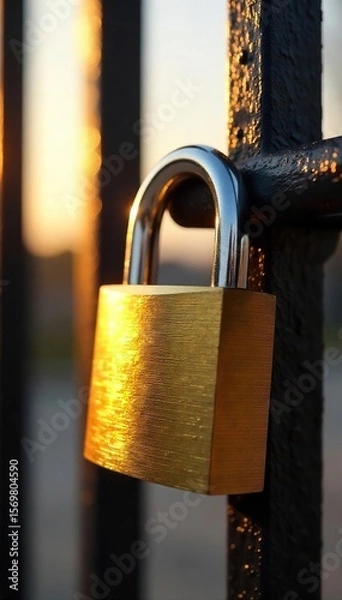 Fototapeta Secure Golden Padlock on Metal Gate Sunlight Gleams on Polished Surface, Symbolizing Ultimate Safety and Protection of Valuable Assets