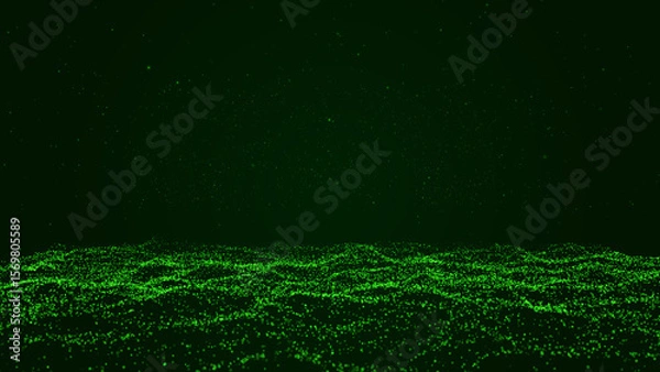 Fototapeta Technology background seamless looping exploding green particles innovation. Futuristic abstract digital design explosion burst dynamic motion movement energy particle artwork