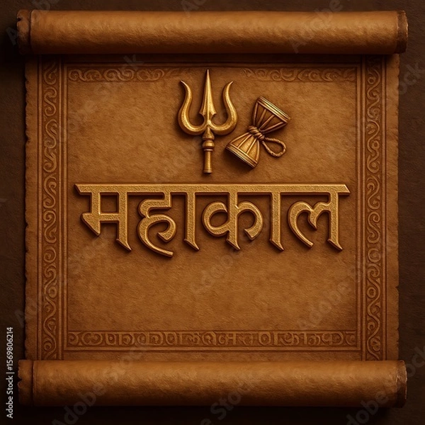 Fototapeta Vintage Hindu Artwork of Mahakal in Golden Text with Scroll Background