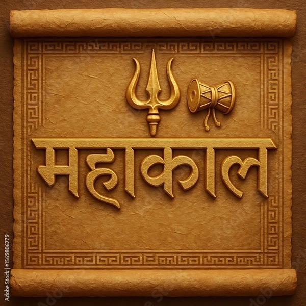 Fototapeta Ancient Style Mahakal Poster with Trident and Damru – Hindu Religious Theme