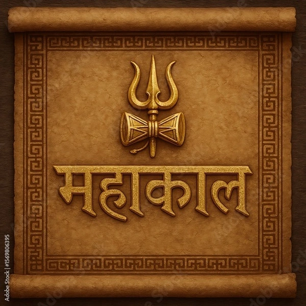 Fototapeta Ancient Style Mahakal Poster with Trident and Damru – Hindu Religious Theme