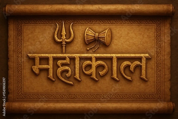 Fototapeta Ancient Style Mahakal Poster with Trident and Damru – Hindu Religious Theme