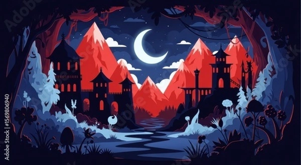 Fototapeta Enchanting Pixelated Landscape Under a Crescent Moon