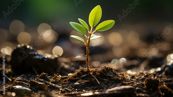 Fototapeta A young plant emerges from the soil, symbolizing the beginning of new life and growth.