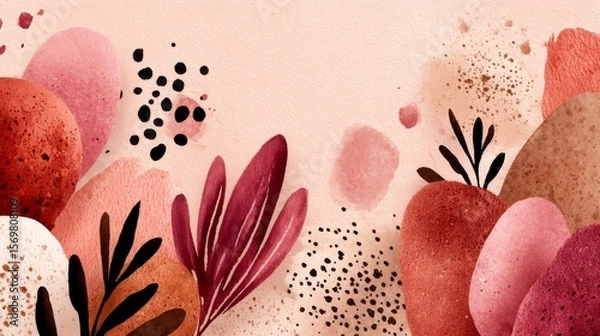 Fototapeta Soft watercolor composition with peachy-pink background, abstract organic shapes in pink, red, and brown, textured black and brown speckles, and stylized dark brown maroon leaves.