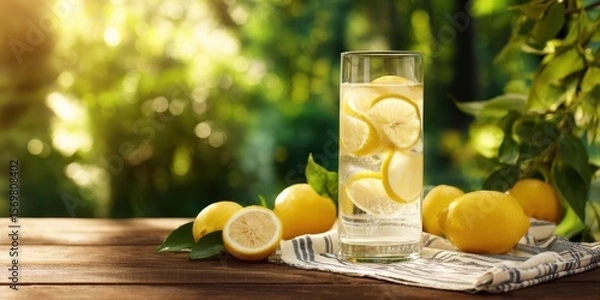 Fototapeta The refreshing glass of lemonade with sliced lemons and sunlight backdrop