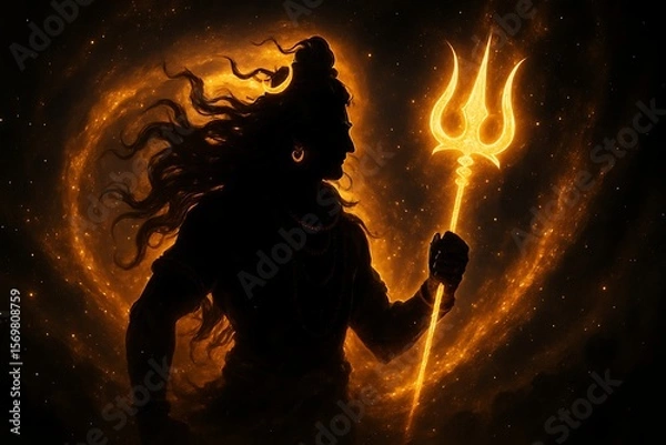 Fototapeta Glowing Silhouette of Lord Shiva with Trishul and Damru – Cosmic Divine Art