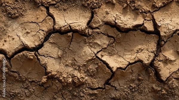Fototapeta Cracked clay earth with detailed textures revealing signs of drought and dehydration