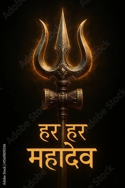 Fototapeta Mahadev Trishul Illustration with Hindi Devotional Message – Glowing Religious Design
