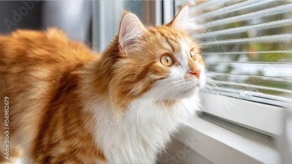 Fototapeta Orange and white cat scaling open shutters toward a bright outdoor view