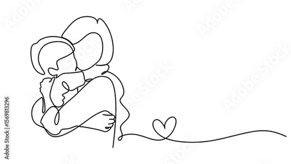 Obraz Heartfelt Hug. Mother Holding Child with Heart in Continuous Line for Mother's Day
