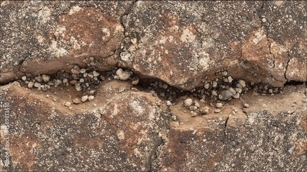 Fototapeta Top-down photo of cracked ground with scattered pebbles and deep, angular crevices