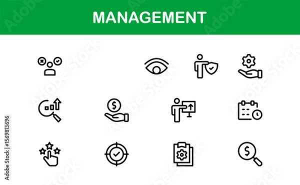 Fototapeta Modern Management Icon Set in Vector Style Featuring Leadership, Teamwork, Strategy, and Planning Symbols