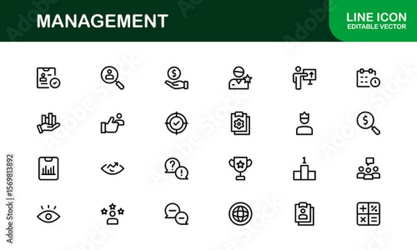 Fototapeta Modern Management Icon Set in Vector Style Featuring Leadership, Teamwork, Strategy, and Planning Symbols