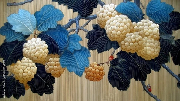 Fototapeta Vibrant botanical illustration featuring clusters of golden-hued textured fruits, deep-blue veined leaves, dark gnarled branches, and small red berries on a light neutral striped background.