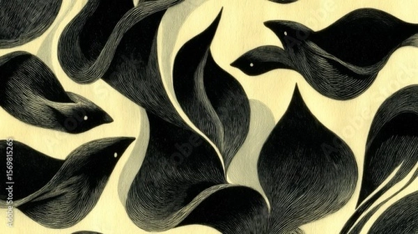 Fototapeta Abstract black and beige design with flowing organic shapes resembling leaves or birds, textured with fine parallel lines and small white dots, creating a sense of movement and contrast.