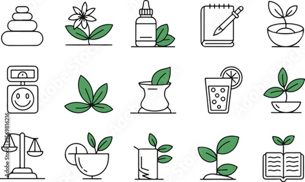 Fototapeta Relaxation and wellness line icons set – linear, outline, yoga, and self-care symbols.Wellness, Self-Care line icon set. Vector pictograms of mental clarity, fitness, nutrition, relaxation, meditation