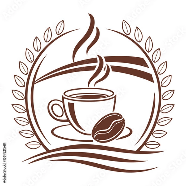 Obraz A hot cup of coffee with beans and steam, perfect for a cafe's breakfast beverage icon or logo design.