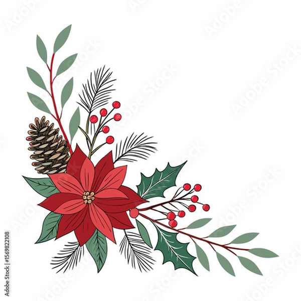 Obraz Christmas floral background with holly and red and white blossoms, a beautiful decorative vector illustration.