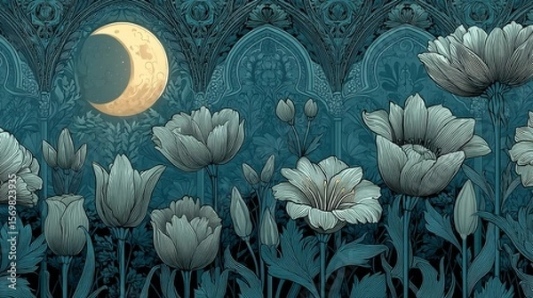 Fototapeta Stylized night scene with textured crescent moon, soft yellow-white glow, lush white flowers in bloom, detailed petals, ornate Gothic arches, intricate floral and geometric patterns, 