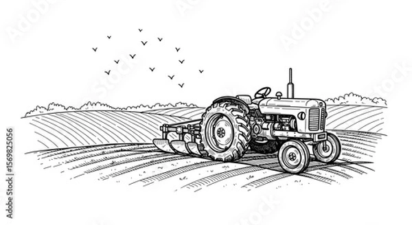 Obraz Tractor on farmland with birds  vintage sketch illustration - hand drawn doodle black outline vector on a white background
