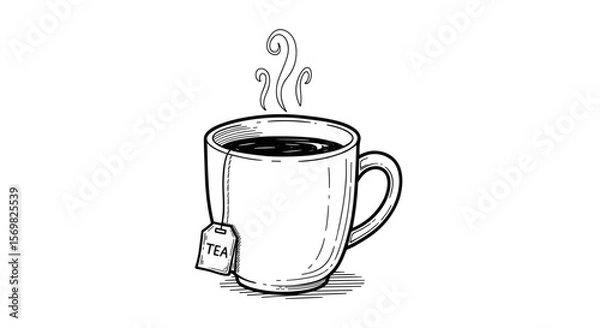 Obraz Tea mug with tea bag and handle - vintage sketch vector illustration  hand drawn doodle on a white background svg
