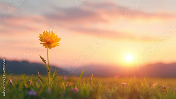 Fototapeta A yellow flower is in a field of grass with a beautiful sunset in the background