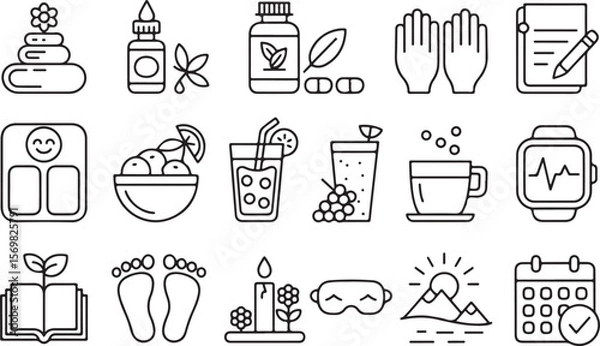 Fototapeta Wellness, Self-Care line icon set. Vector pictograms of mental clarity, fitness, nutrition, relaxation, meditation, mental health, stress relief, body-mind connection thin linear illustration.Mental W