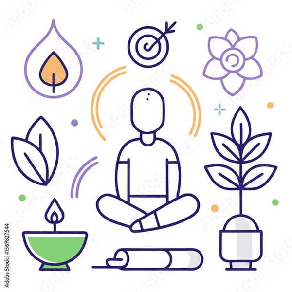 Obraz Collection of simple line icons representing mindfulness and meditation practices