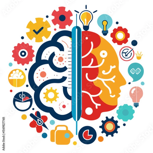 Obraz Stylized illustration of the human brain highlighting left and right hemisphere differences