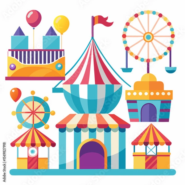 Obraz Collection of amusement park and carnival attraction icons including a ferris wheel