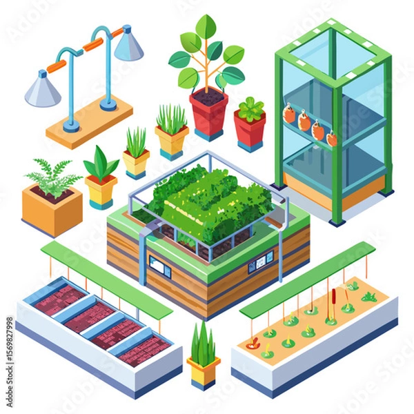 Obraz Isometric illustration set showcasing modern urban farming hydroponic systems