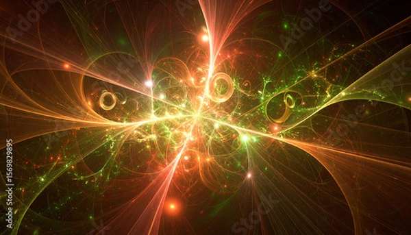 Fototapeta Orange-Green Fractal Explosion with Glowing Energy Swirls