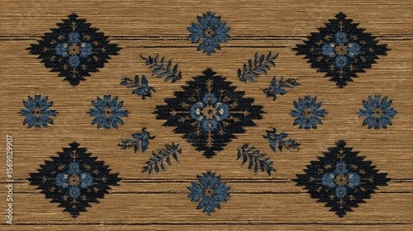 Fototapeta Woven textile with intricate dark blue floral motifs on warm earth-toned brown background, featuring symmetrical star-like patterns, small leaf shapes, and subtle horizontal stripes.