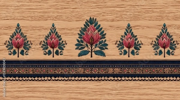 Fototapeta Decorative floral and geometric pattern on light brown wooden background with pink flowers, green leaves, blue stripe, diamond shapes, and black-white zig-zag design.