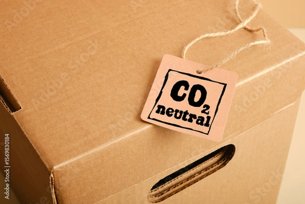 Obraz tag with the inscription co2 neutral on cardboard storage box and label mockup, close up, kraft box