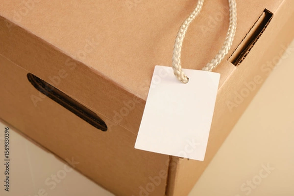 Obraz cardboard storage box and label mockup, close up, kraft box