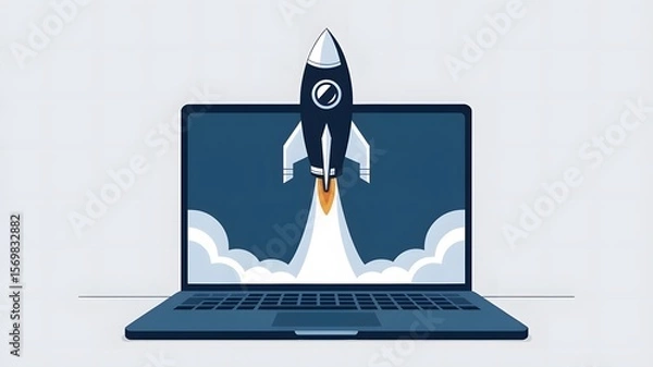 Fototapeta A illustration of a rocket launching from a laptop screen. 