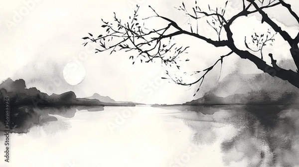 Obraz A Japanese ink wash with minimalist watercolor aesthetics.