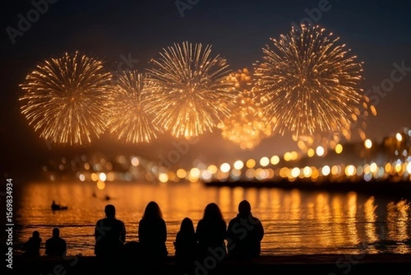 Fototapeta Silhouetted figures enjoying a fireworks display on the beach.
