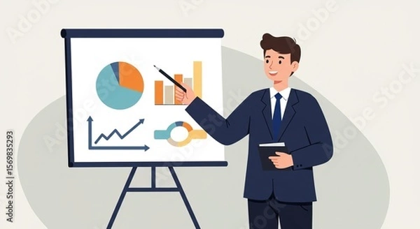 Fototapeta Man presenting business statistics and financial data with charts and graphs on a display board, demonstrating growth