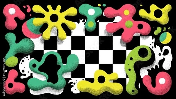 Fototapeta Vibrant abstract digital artwork with black and white checkered background, bold colorful organic shapes, fluid amoeba-like forms, grainy textures, and striking visual contrast.