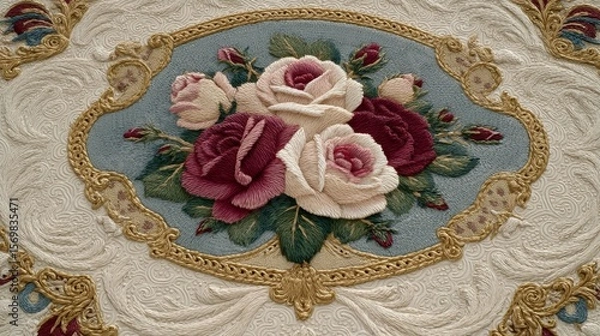 Fototapeta Intricate floral embroidery with an oval center showcasing a bouquet of roses in pale pink, cream, and maroon, surrounded by a golden ornate border. Detailed cream background with swirling textures,