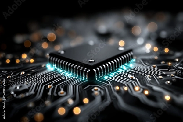 Fototapeta Close-up of a glowing microchip on a dark electronic circuit board, showing intricate lines, lights, and modern technology detail.