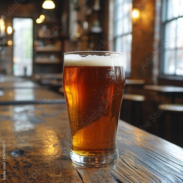 Fototapeta A pint of amber beer with a foamy head on a rustic wooden table in a cozy pub with warm lighting and brick walls.