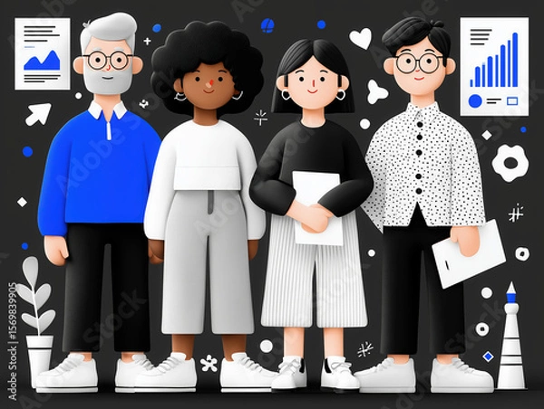 Obraz A group of four diverse 3D avatars, representing a business team or colleagues, with infographic elements.