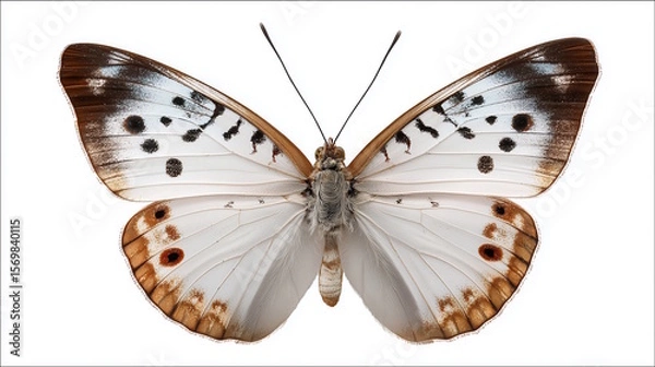 Obraz White butterfly with brown and black patterns on wings, close-up on a white background.